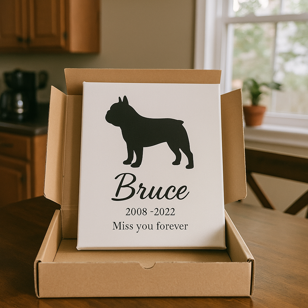 French Bulldog silhouette memorial canvas in cardboard gift box on dining table, with name Bruce, dates 2008–2022, and text "Miss you forever"