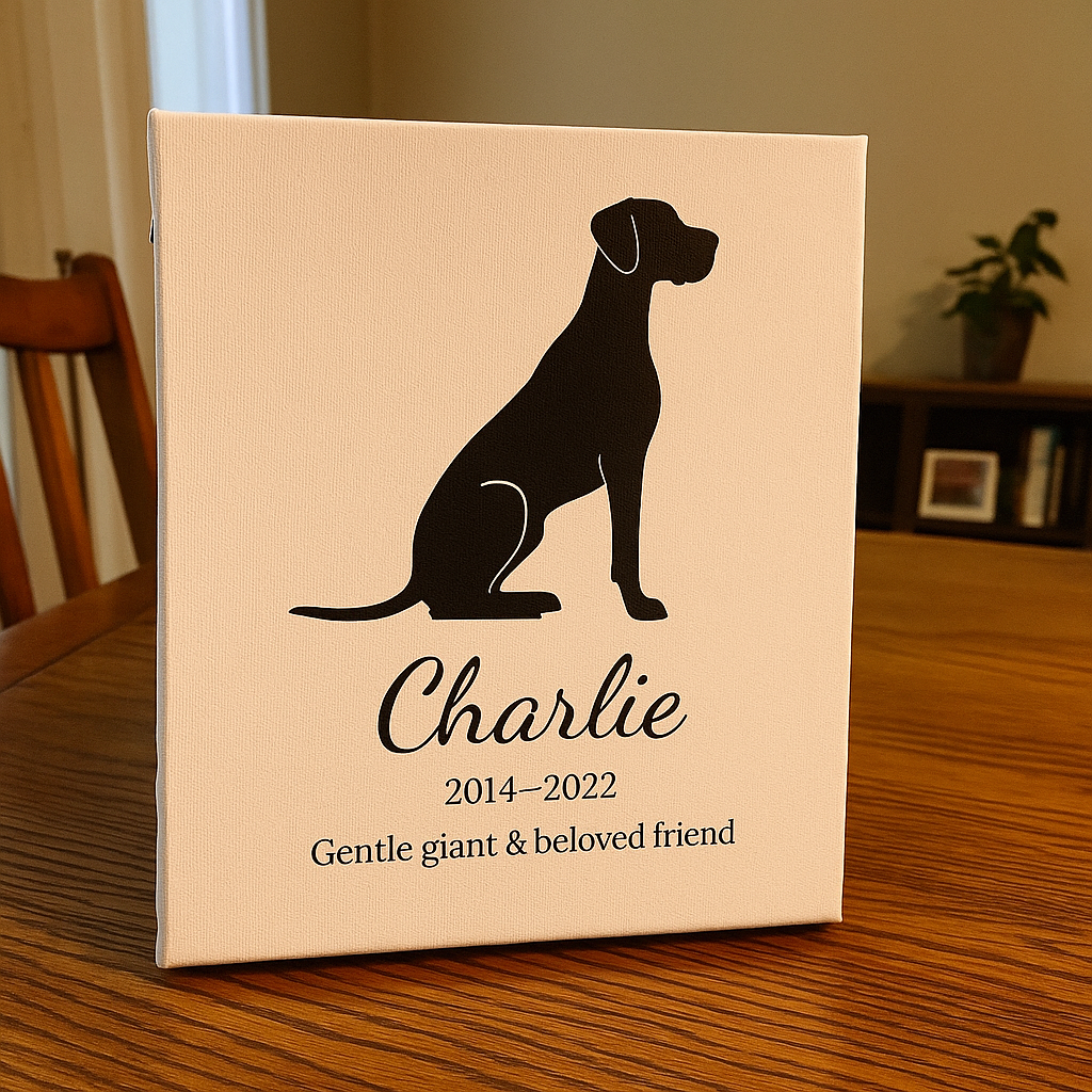 Dog silhouette memorial canvas for Charlie (2014–2022) with text "Gentle giant & beloved friend", displayed upright on a wood dining table with soft indoor lighting