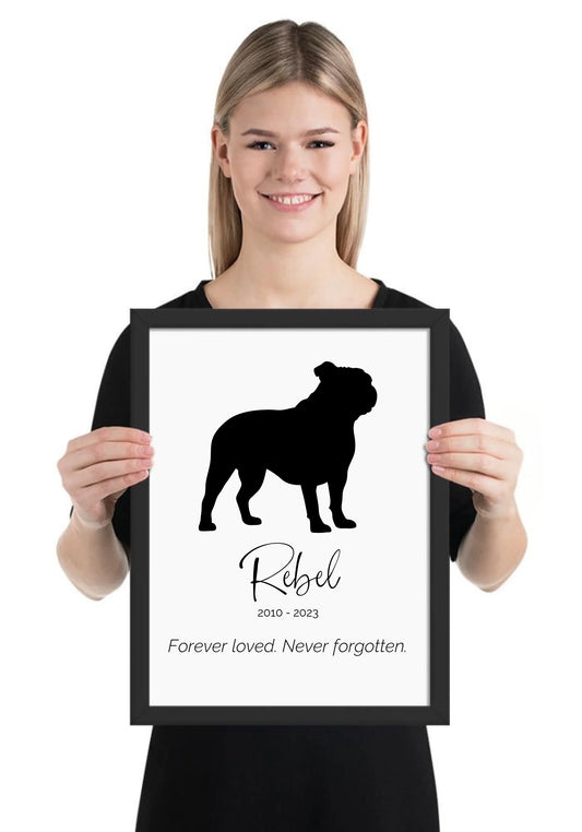 12x16 framed dog memorial print with Rebel silhouette, custom name, dates, and remembrance message