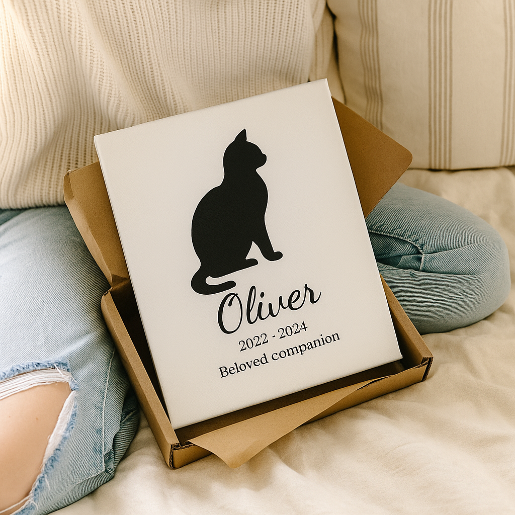 Cat silhouette memorial canvas for Oliver (2022–2024) with text "Beloved companion", placed inside kraft gift box on person's lap wearing jeans and cream sweater